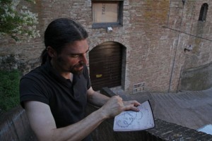 Along the outer walls of Urbino, Barsotti points to the stop where he is standing. Da Vinci had few ways to measure the structures and drew the pictures based only on what he could see.  