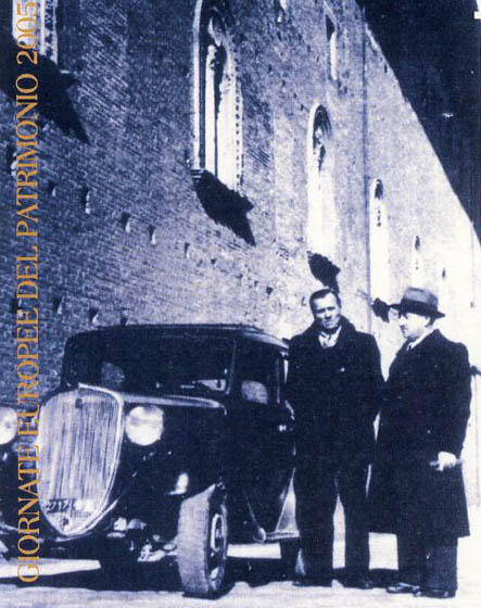 A poster showing Pasquale Rotondi and his assistant, Augusto Pritelli, with the automobile they used to shuttle thousands of artworks. This poster was featured during the European Heritage Days in 2005 at the Biblioteca Nazionale Marciana in Venice.