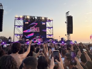 Audience members hold up phones at a music festival in Marseille.