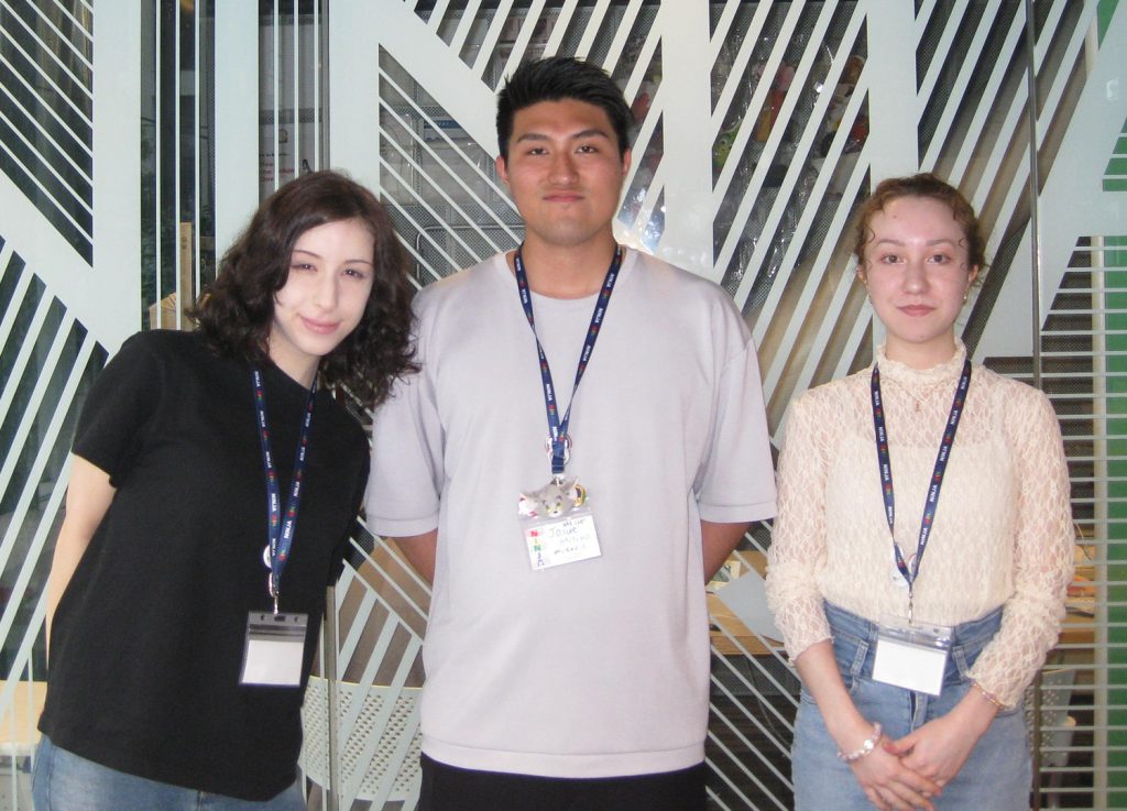 A portrait of Elkeek Kamal Mirvat, Josue Mitsuo Oikawa Melendez and Beatriz Saito by Aya Fisher.