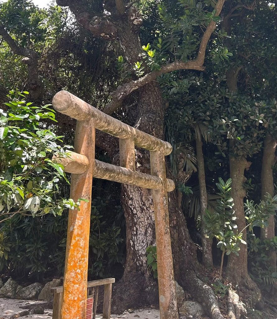 An unmarked, unpainted torii gate stands on Taketomi.