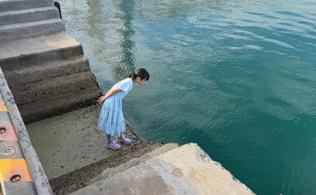 Sumi, a -9-year-old girl in a blue dress, stands over the water, searching for fish.