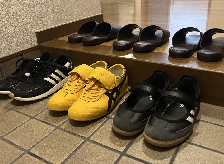 Shoes and slippers at modern Genkan in Airbnb in Osaka, Japan on June 19, 2026. (Photo by Makayla MAHONEY)
